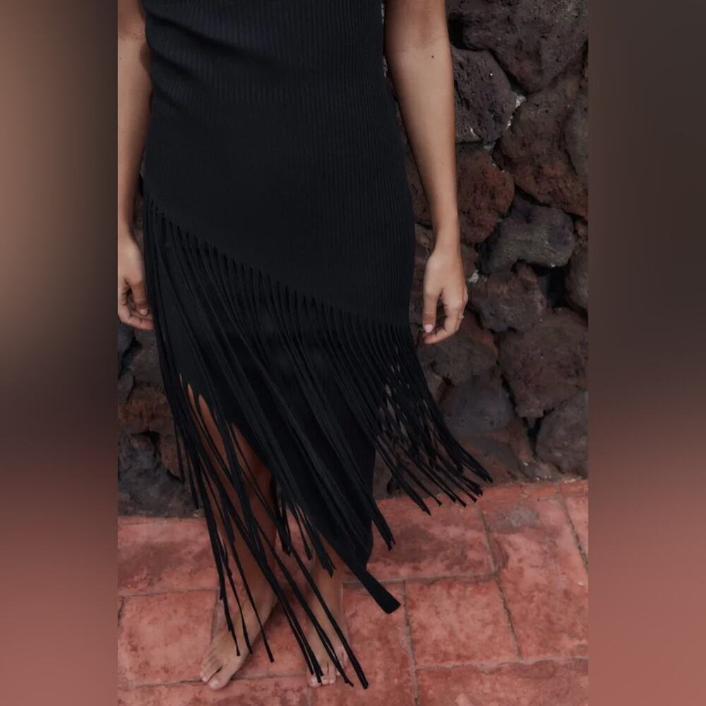 Zara Black Asymmetric Fringe Halter Dress - Picture 2 of 11